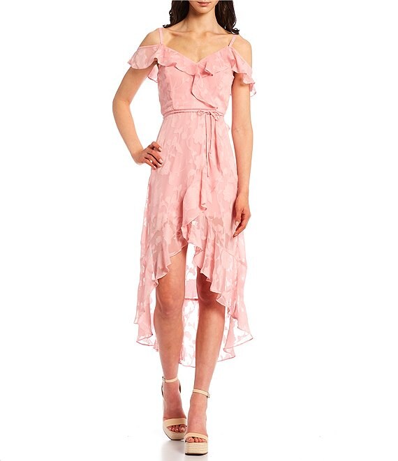 Color:Light Pink - Image 1 - Off-The -Shoulder Floral Ruffle Trim High-Low Pull-On Dress