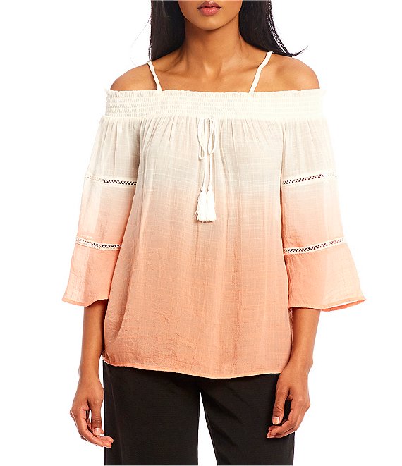 Color:White/Sherbert - Image 1 - Off-the-Shoulder Bell-Sleeve Ombre Dip-Dye Top
