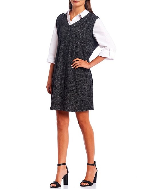 Color:Charcoal - Image 1 - Point Collar 3/4 Sleeve Layered-Look Sweater-Knit/Woven Dress