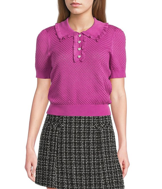 I.N. San Francisco Ruffle Collared Short Sleeve Sweater Top
