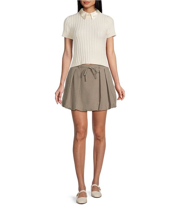 I.N. San Francisco I.N. San Francisco Satin Point Collar Tie Front Short Sleeve Sweater Top, Ivory - Image 5