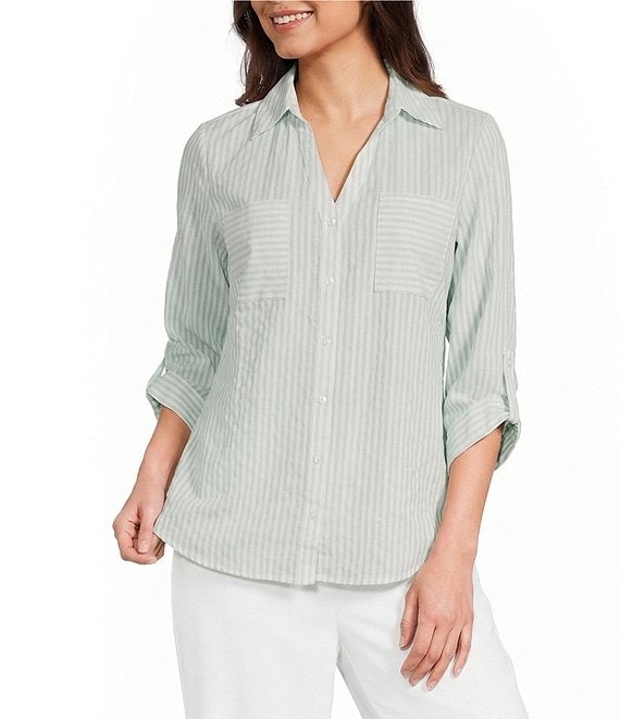 I.N. San Francisco Striped Pocket Front 3/4 Sleeve Button Front Shirt