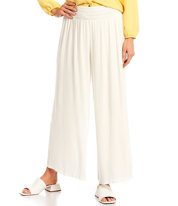 Color:Off White - Image 1 - Petite Size Solid Crepon Novelty Elastic Waist Wide Leg Pull-On Pants
