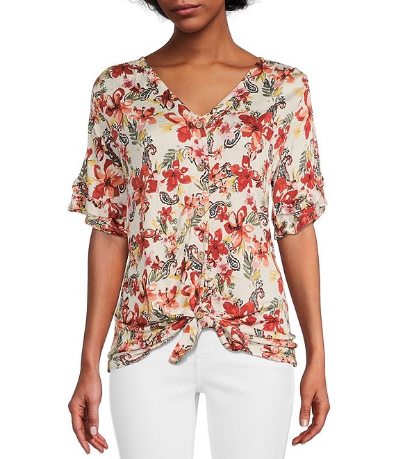 Color:Brown - Image 1 - Petite Size Short Tiered Ruffle Sleeve Tie Hem V-Neck Paisley Floral Print Top