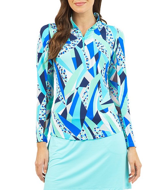 Color:Brianna Blue - Image 1 - Brianna Long Sleeve Printed Moisture Wicking Quarter Zip Top