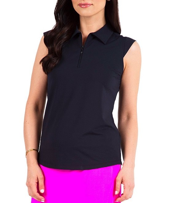 Color:Black - Image 1 - Essential Solid Sleeveless Point Collar Polo Top