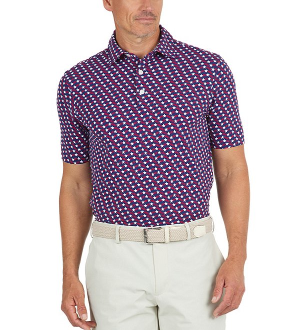 Color:Red/Navy - Image 1 - Modern Fit Short Sleeve Waving Stars & Stripes Print Polo Shirt