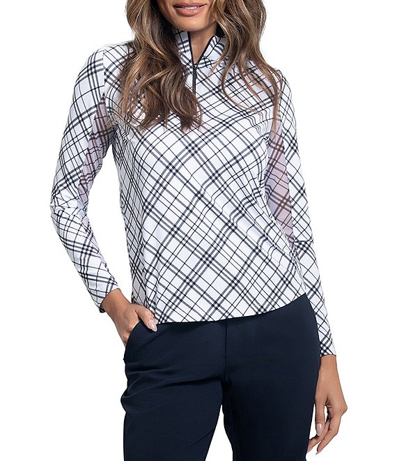 IBKUL Tony Printed Moisture Wicking Zip Mock Neck Long Sleeve Top, Black/White - Image 1