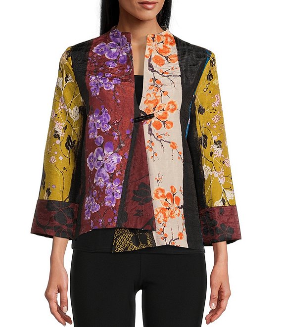 IC Collection Color Block Puckered Floral Print Mock Neck 3/4 Sleeve One Button Asymmetrical Hem Statement Jacket