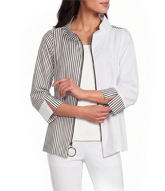 IC Collection Colorblock Stripe Stand Collar Bracelet Sleeve Front Zip Jacket