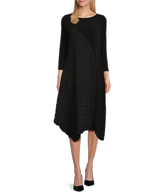 IC Collection Double Textured Puckered Ity Knit Crew Neck 3/4 Sleeve A-Line  Asymmetrical Hem Midi Dress | Dillard's