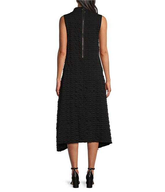 IC Collection Textured Bubble Check Woven Mock Neck Sleeveless Pocketed Swing Waistless Midi Dress, Womens, S, Black