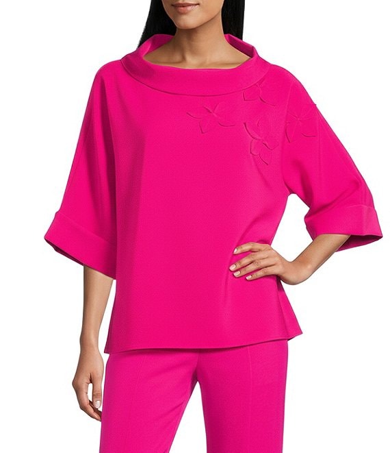 IC Collection Knit Fold Funnel Neck Elbow Sleeve Floral Applique Tunic