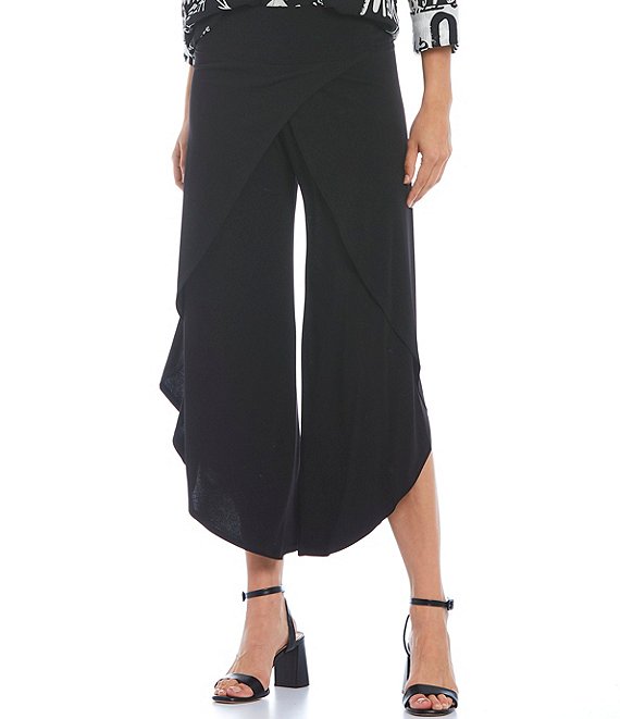 IC Collection Knit Jersey Side Wrap Angled Hem Wide Leg Pull-On Cropped ...