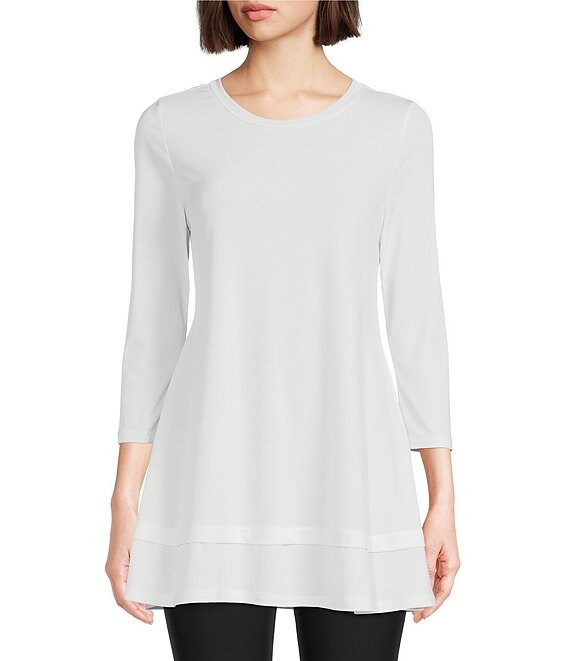 Color:Off White - Image 1 - Round Neck 3/4 Sleeve Knit Jersey Layered Tunic