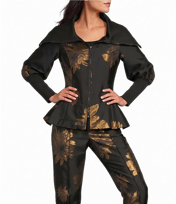 IC Collection Metallic-Blend Golden Bloom Flower Print Stand Collar 3/4 Blouson Sleeve Coordinating Zip-Up Jacket