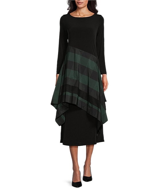 IC Collection Mixed Media Knit Jersey Boat Neck Long Sleeve Pocketed Tartan  Stripe Layered A-Line Midi Dress