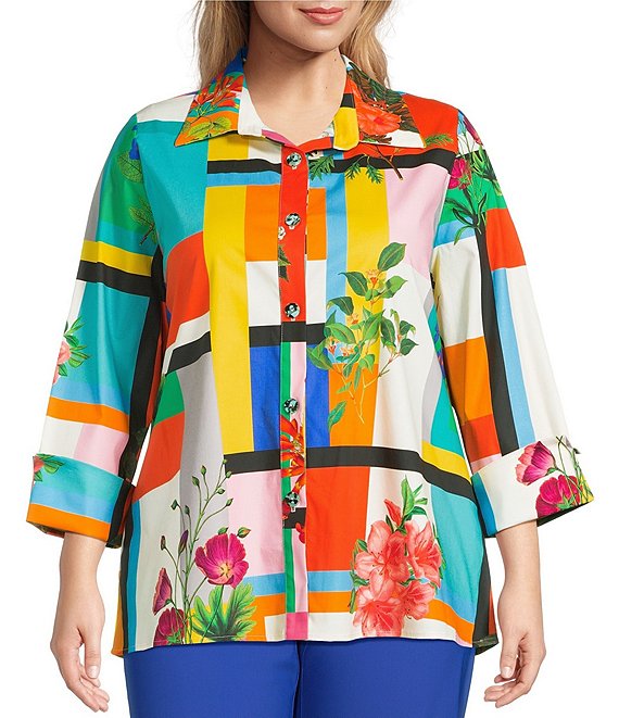 IC Collection Plus Color Block Floral Print Collar Neck Long Sleeve Blouse, Multi - Image 1