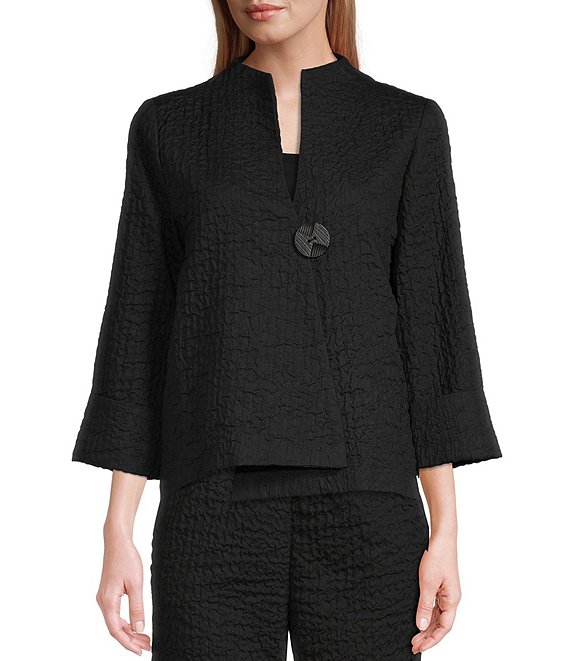 Color:Black - Image 1 - Pucker Textured Woven Asymmetrical One Button Mock Neck 3/4 Cuff Sleeve Statement Jacket