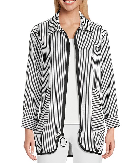 IC Collection Stripe Poplin Point Collar Long Sleeve Zip Front Jacket