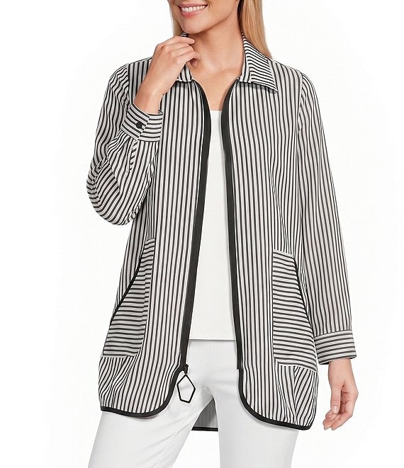 IC Collection Stripe Poplin Point Collar Long Sleeve Zip Front Jacket