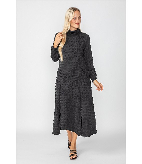 mock neck ribbed asymmetrical hem sweater midi dress IC Collection Textured Bubble Check Pucker Woven 34 Sleeve A-Li, Womens, M, Black Knit sweater