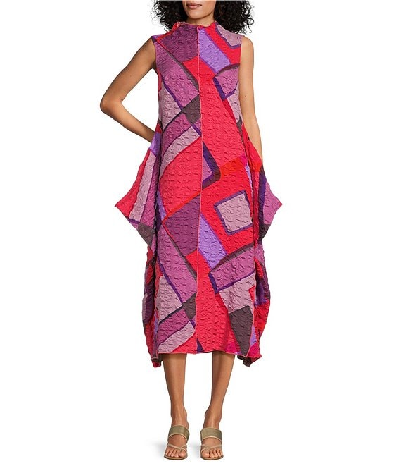 IC Collection Textured Knit Geometric Colorblock Print Mock