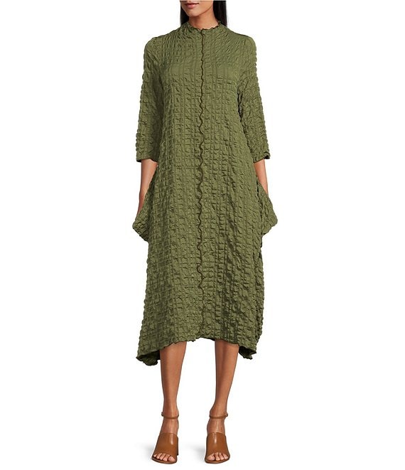 IC Collection Textured Woven 3/4 Sleeve High Mock Neck Midi Waistless Asymmetrical Hem Swing Midi Dress