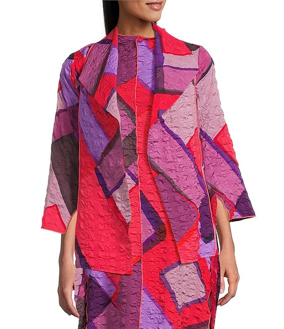 IC Collection Waffle Knit Geometric Color Block Open Collar Bracelet Sleeve Jacket, Pink - Image 1