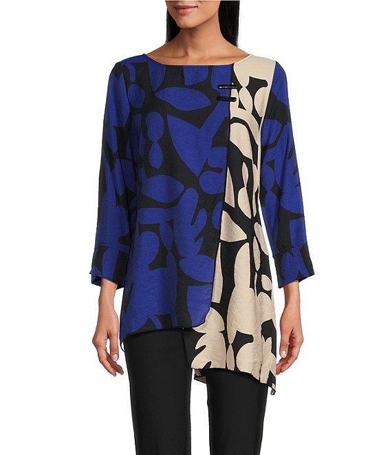 IC Collection Woven Color Block Print Scoop Neck 3/4 Sleeve