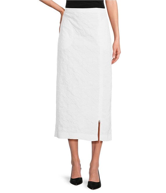 IC Collection Woven Elastic Waist Side Slit Pencil Midi