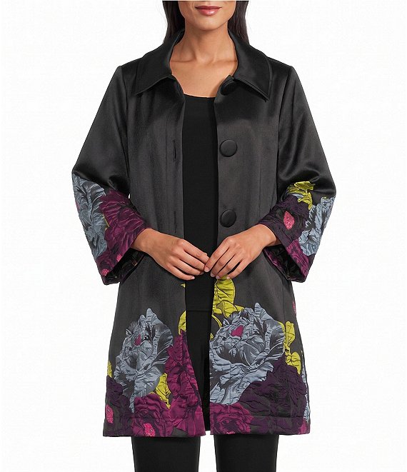 IC Collection Woven Floral Placement Print Spread Collar Bracelet Sleeve Button-Front Bubble Jacket