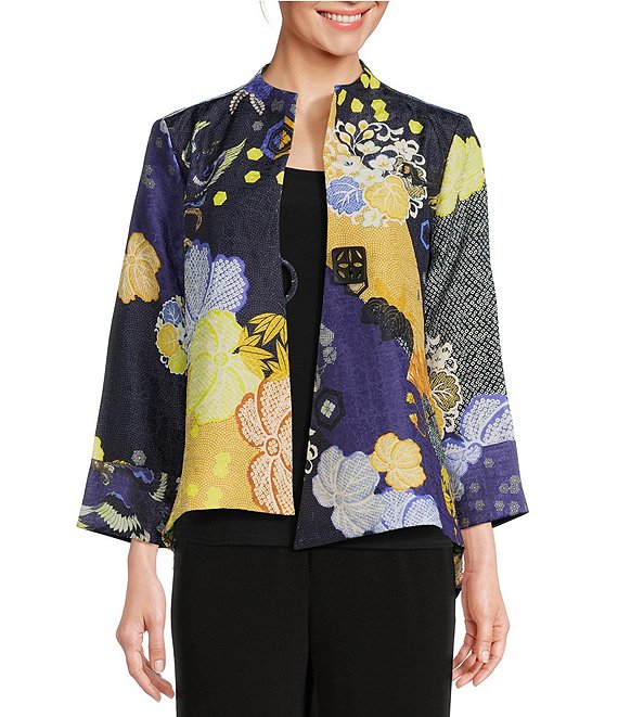 IC Collection Woven Floral Print Stand Collar 3/4 Sleeve