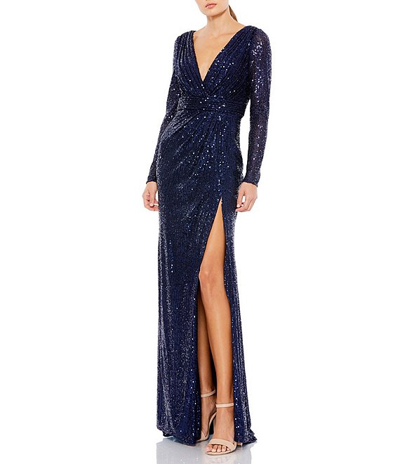 Color:Midnight - Image 1 - Ieena for Mac Duggal Long Sleeve Deep Surplice V-Neck Sequin Thigh High Slit Gown