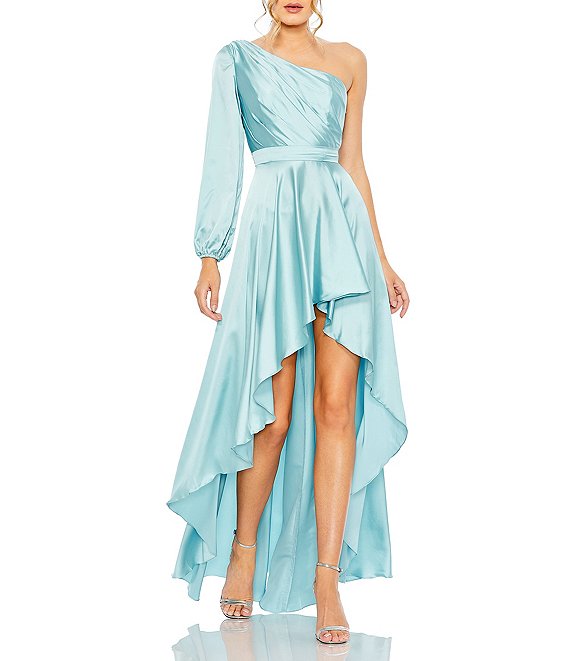 Ieena for Mac Duggal One Shoulder Asymmetrical Neckline Long Sleeve High-Low Dress