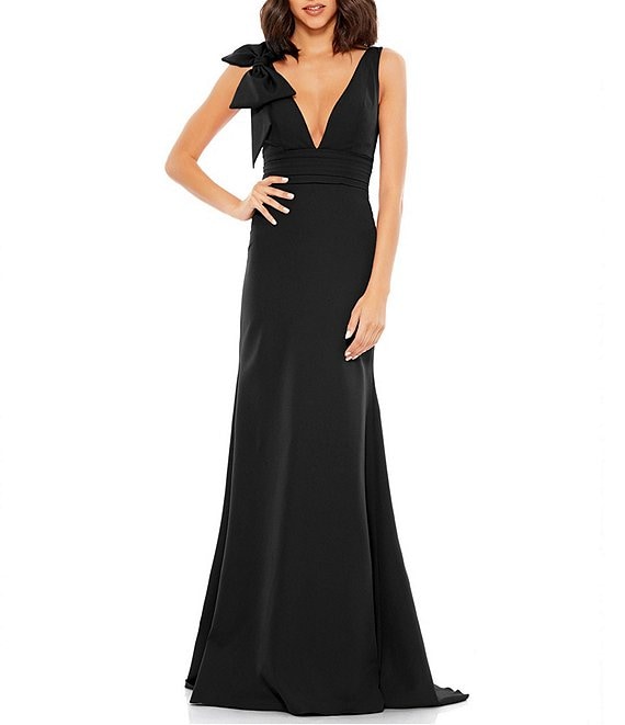 Color:Black - Image 1 - Ieena for Mac Duggal Plunging V-Neck Bow Shoulder Sleeveless Low Back Detail Sheath Gown