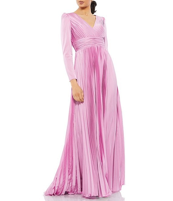 Ieena for Mac Duggal Surplice V-Neck 3/4 Sleeve Pleated A-Line Gown ...