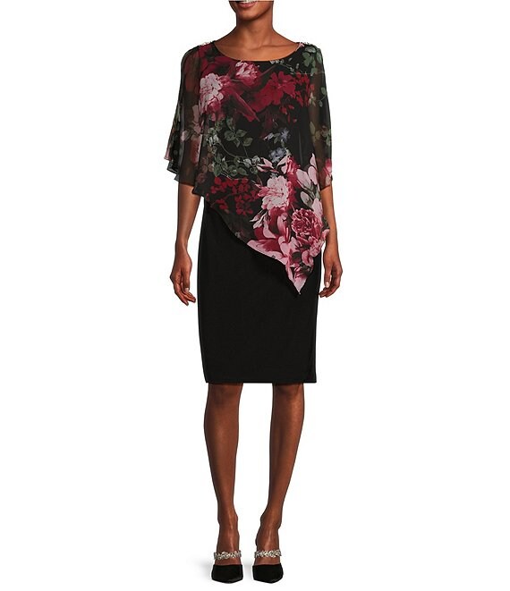 Ignite Evenings 3 4 Caplet Sleeve Floral Overlay Short Sheath