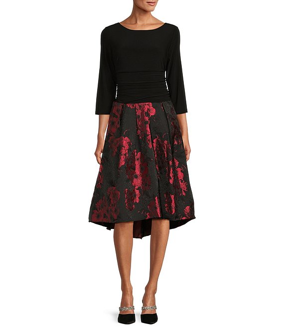 Color:Black/Red - Image 1 - 3/4 Sleeve Round Neck High-Low Floral Brocade Dress