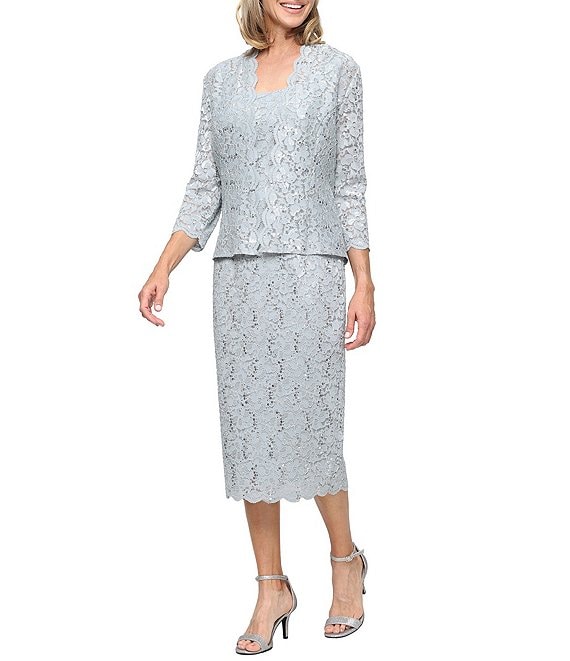 Ignite Evenings 3/4 Sleeve Square Neck Sequin Lace 2-Piece Jacket Midi Dress