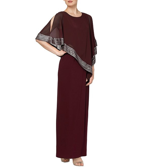 Ignite Evenings Asymmetrical 3/4 Capelet Cold Shoulder Sleeve Round Neck  Metallic Trim Popover Dress