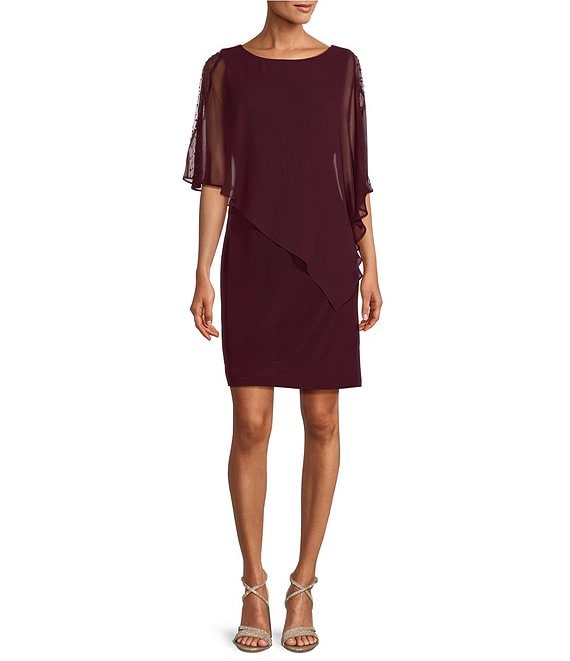 Color:Fig - Image 1 - Asymmetrical Popover Round Neck Short Capelet Sleeve Embellished Sheath Dress