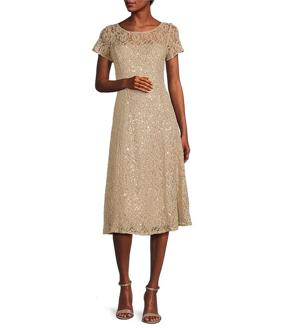 Color:Champagne - Image 1 - Round Neck Short Sleeve Sequin Lace Midi Dress