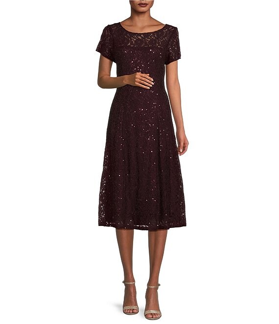 Color:Fig - Image 1 - Round Neck Short Sleeve Sequin Lace Midi Dress
