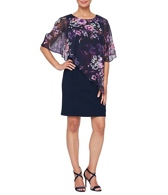 Color:Navy Multi - Image 1 - Chiffon Asymmetric Floral Print Overlay 3/4 Sleeve Round Neck Popover Dress