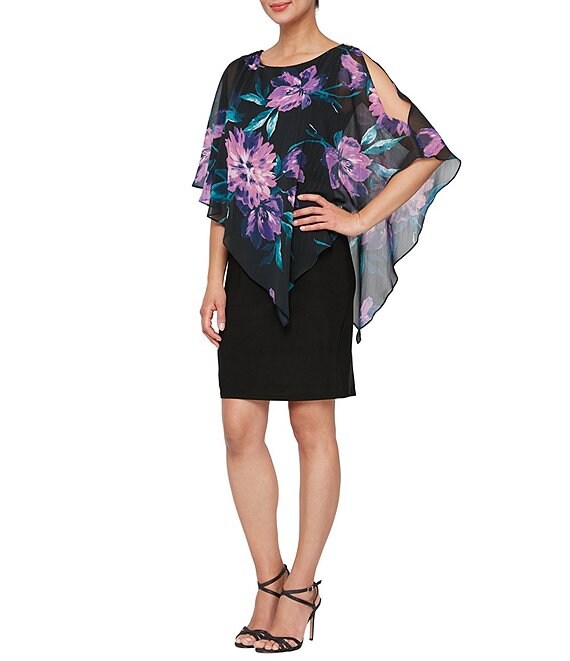 Color:Black Multi - Image 1 - Chiffon Floral Print Asymmetrical Overlay Round Neck Short Sleeve Capelet Dress