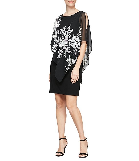 Color:Black Ivory - Image 1 - Chiffon Floral Print Asymmetrical Overlay Round Neck Short Capelet Sleeve Dress