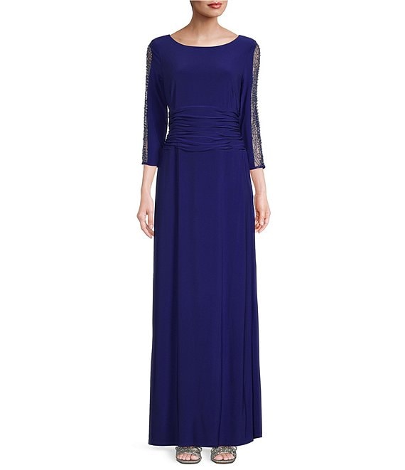 Ignite Evenings Embellished 3/4 Sleeve Ruched Bodice Boat Neck Column ...