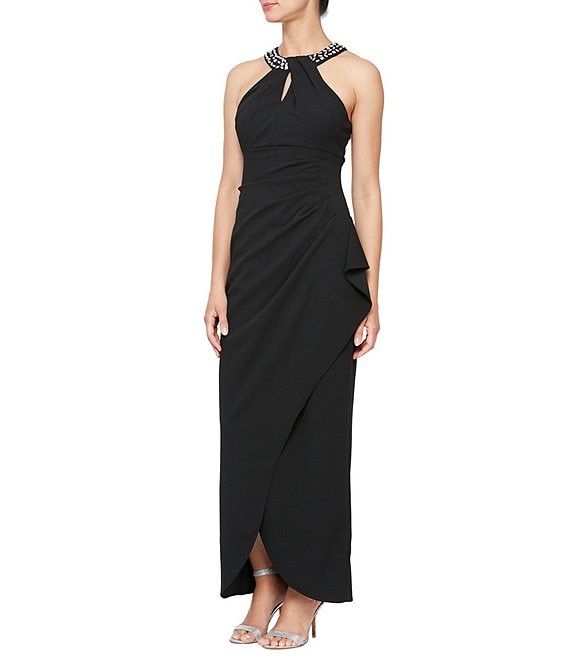 Color:Black - Image 1 - Embellished Halter Neck Sleeveless Ruched Side Cascade Ruffle Gown