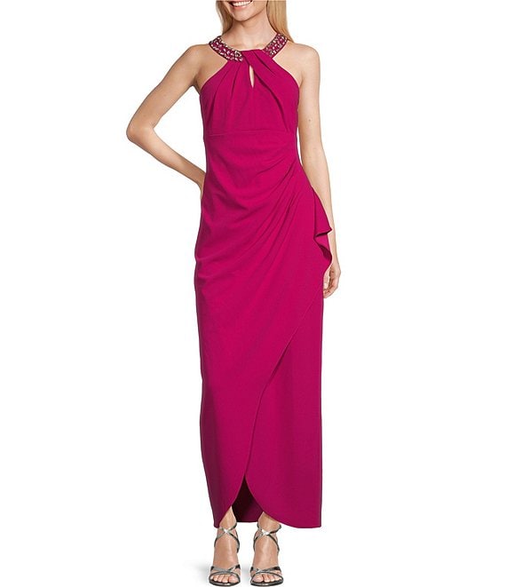 Color:Fuchsia - Image 1 - Embellished Halter Neck Sleeveless Ruched Side Cascade Ruffle Gown